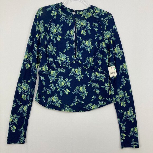 New Free People Boho Floral Keyhole Dinner Party Blouse Indigo Combo Large - Picture 2 of 12